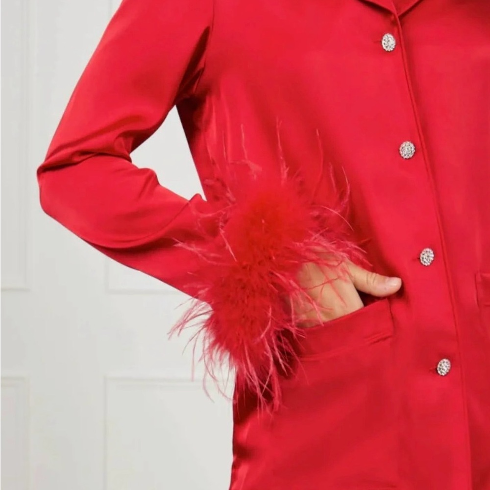NADINE MERABI DARCIE Luxury Red Feathered Pijamas Set - Picture 9 of 12